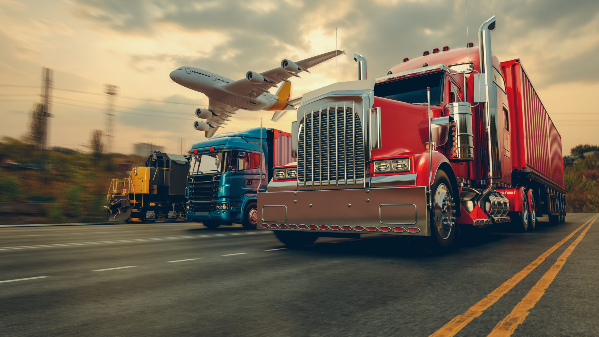 A red truck and blue tractor trailer are on the road.