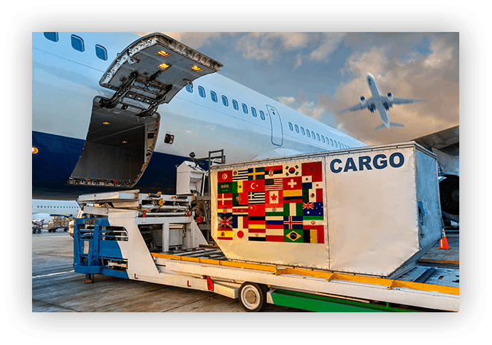 A cargo plane is loading onto the back of a truck.